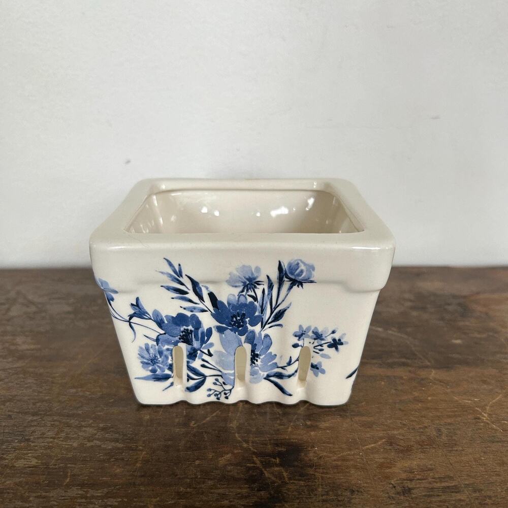 Vintage Blue and White Ceramic Floral Berry Basket, Cottage Kitchen Decor
